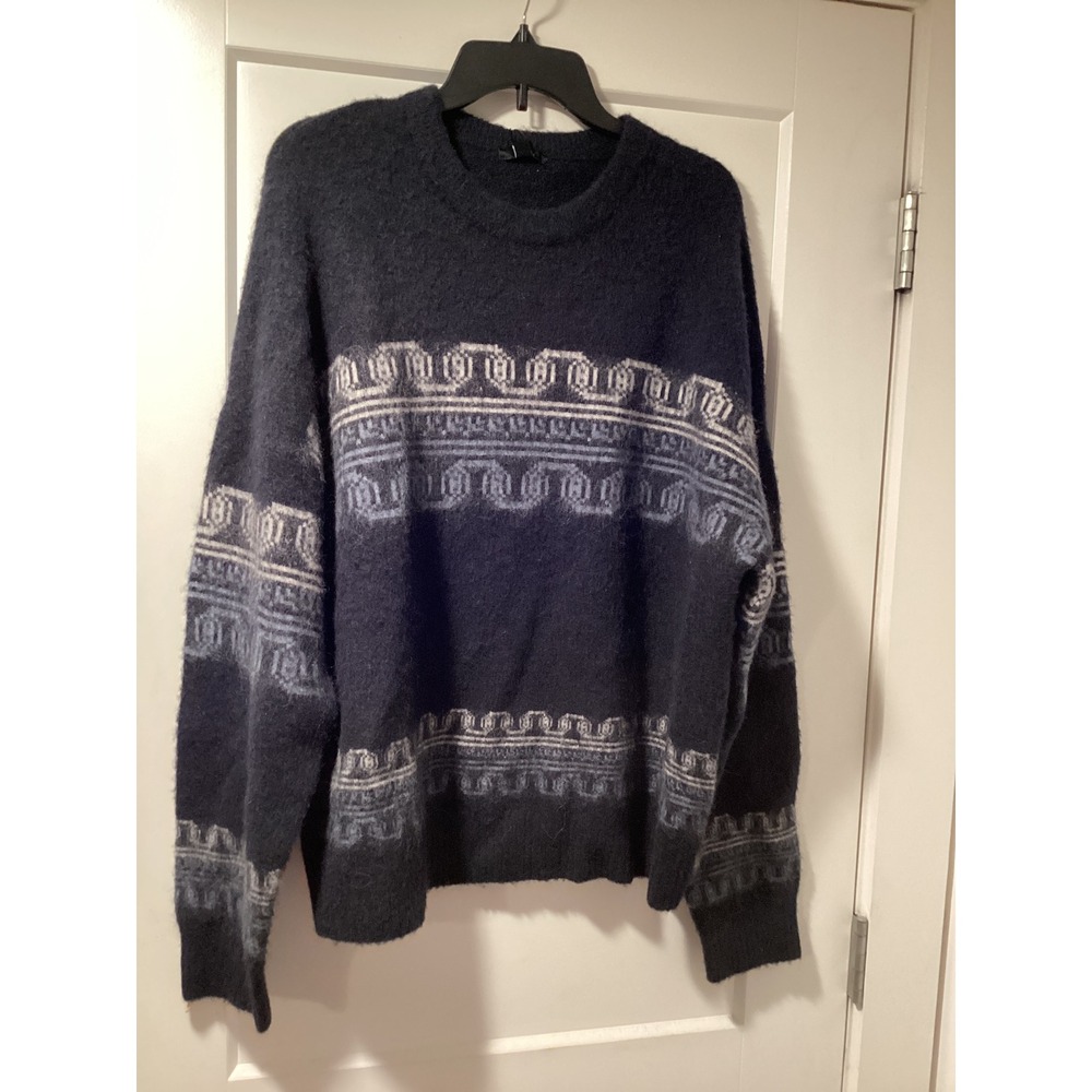 Reiss Mens XL Navy Blue Wool Alpaca Blend Greek Key Intarsia Crewneck Sweater